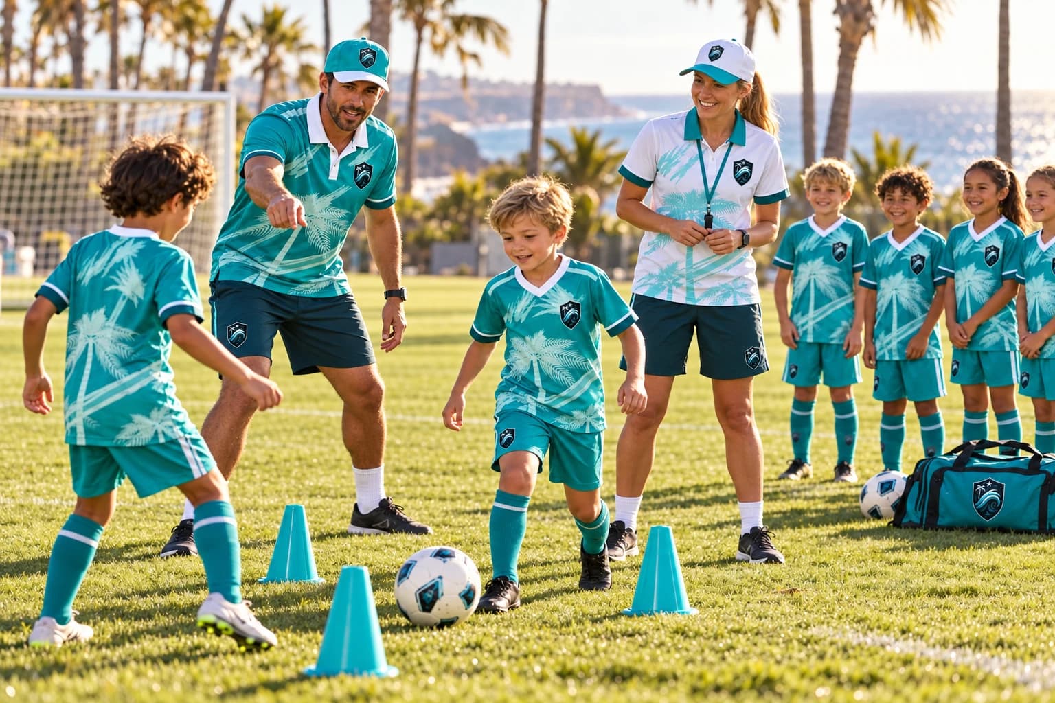Two Soccer Shootout coaches in their polos run a cone drill with Riviera SC players by the ocean.