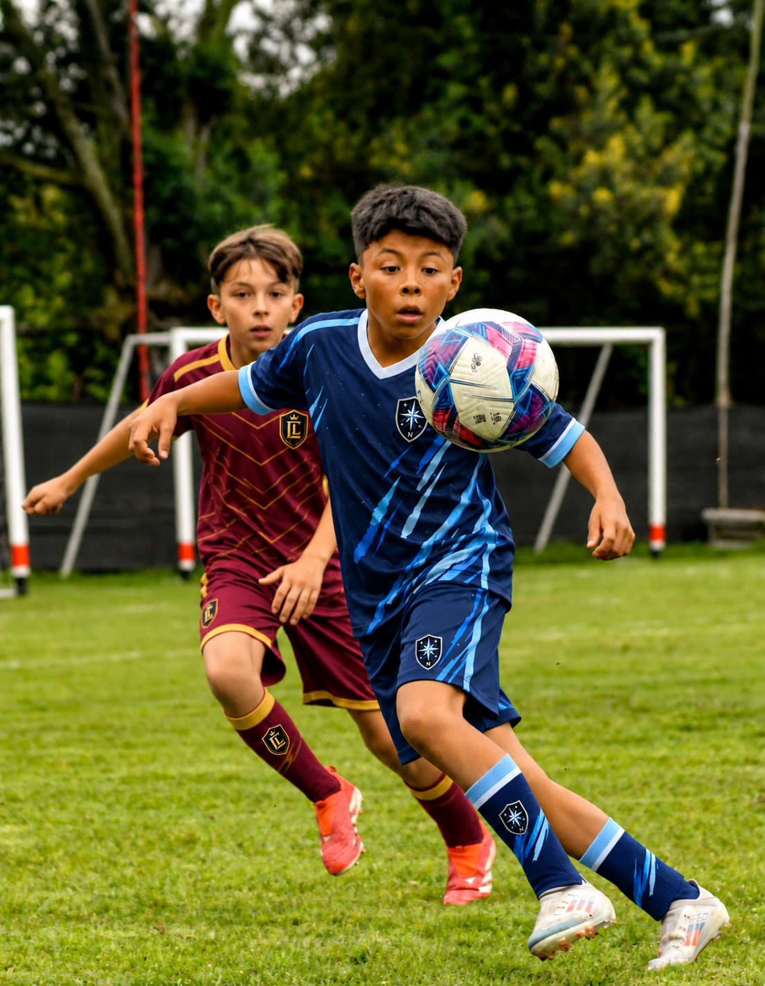 Young soccer players chase the ball during a game.